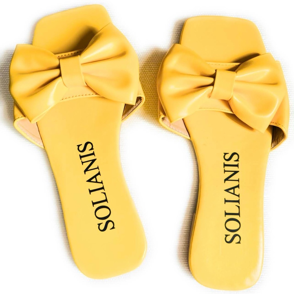 Yellow Slide Sandals with Decorative Bows by